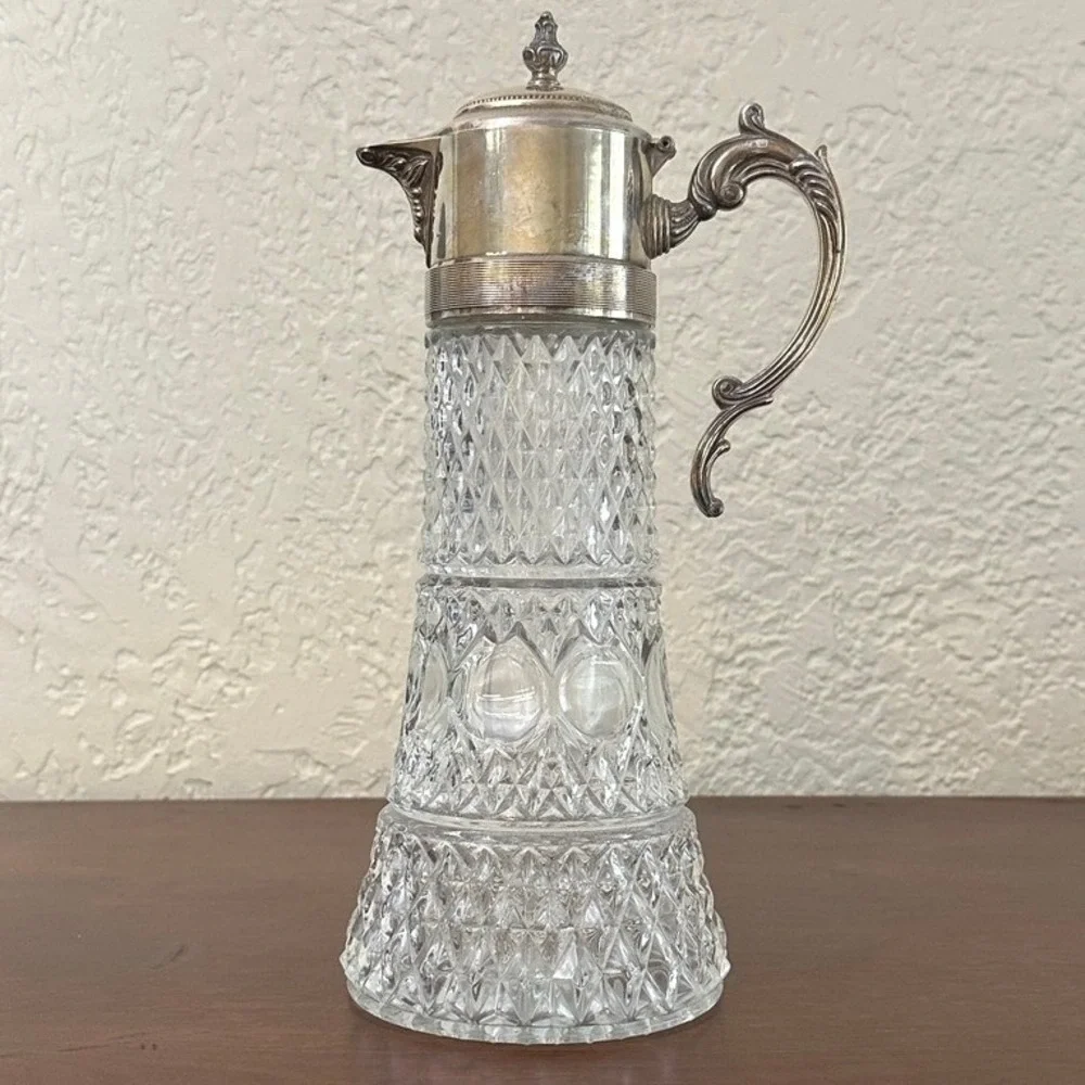 Vintage Leonard Crystal Diamond Cut Glass Carafe Silver Plate Claret Pitcher